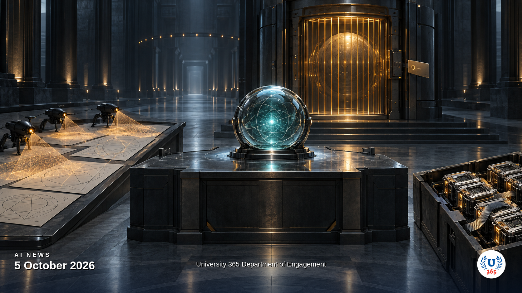 Editorial illustration of a fortified government command desk in a dark chamber with a glass intelligence orb under a security arc, a sealed model vault behind a gate, and small robotic surveyor units mapping a grid, representing a national AI task force, a gated frontier model release and autonomous agent teams solving engineering problems