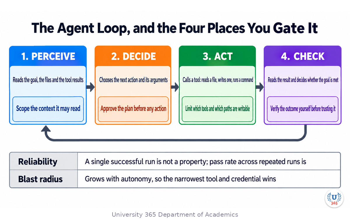 The agent loop across perceive, decide, act and check, with the control that belongs to each stage and the two operational properties