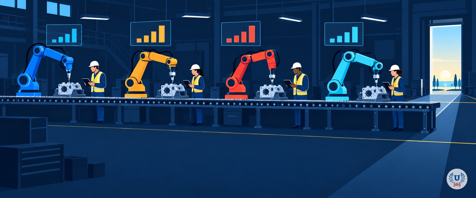 Illustration: a factory assembly line where human workers stand beside robot arms at every station.