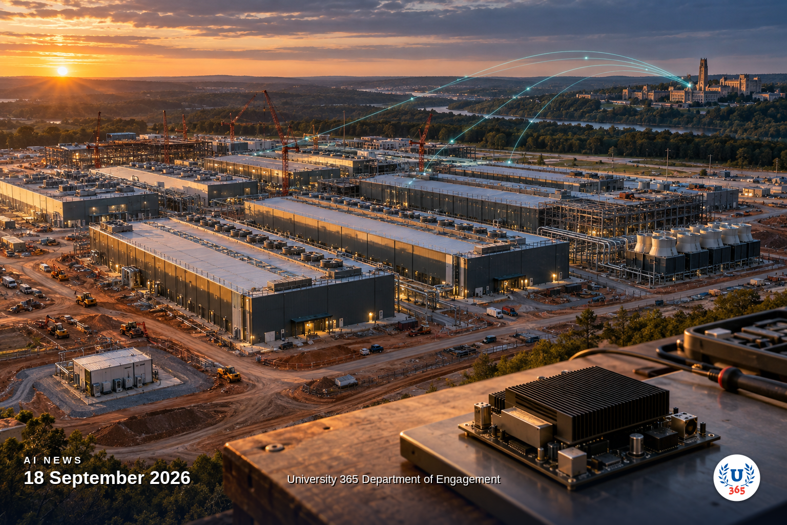 AI infrastructure and frontier accountability: a data center campus at golden hour, data streams reaching a research campus, and a local inference board
