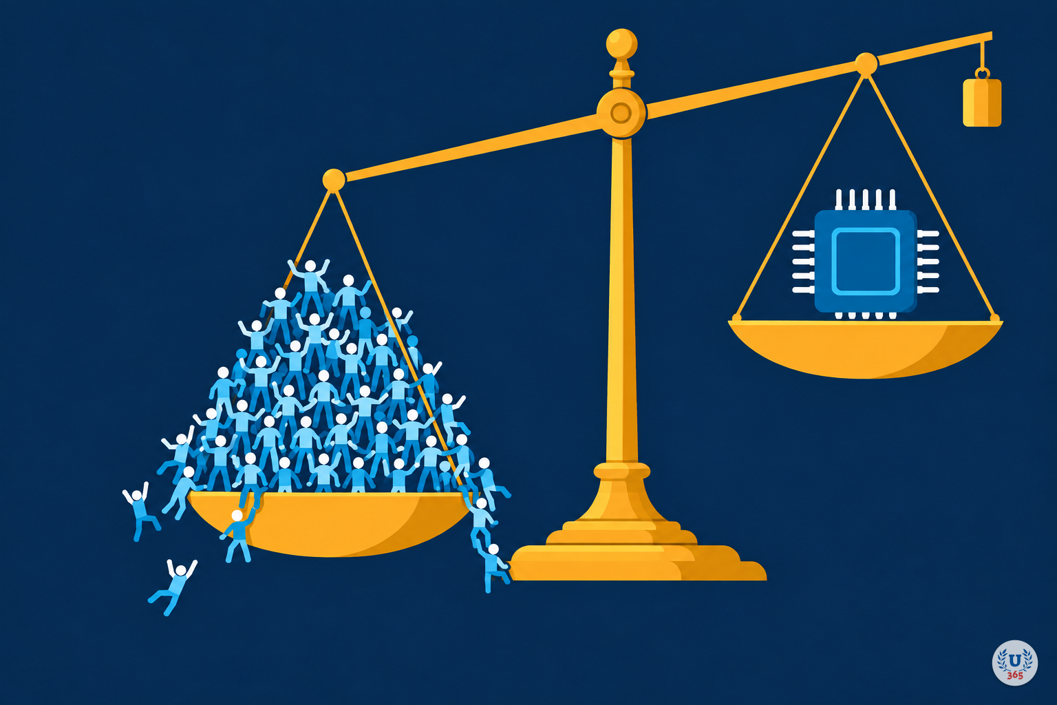 Illustration: a balance scale tipping toward a pan heaped with human figures.