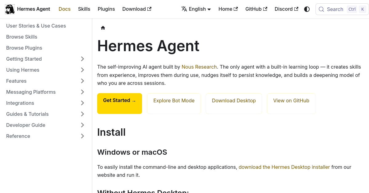 The Hermes Agent documentation home page showing the navigation, the Quickstart call to action and the install commands
