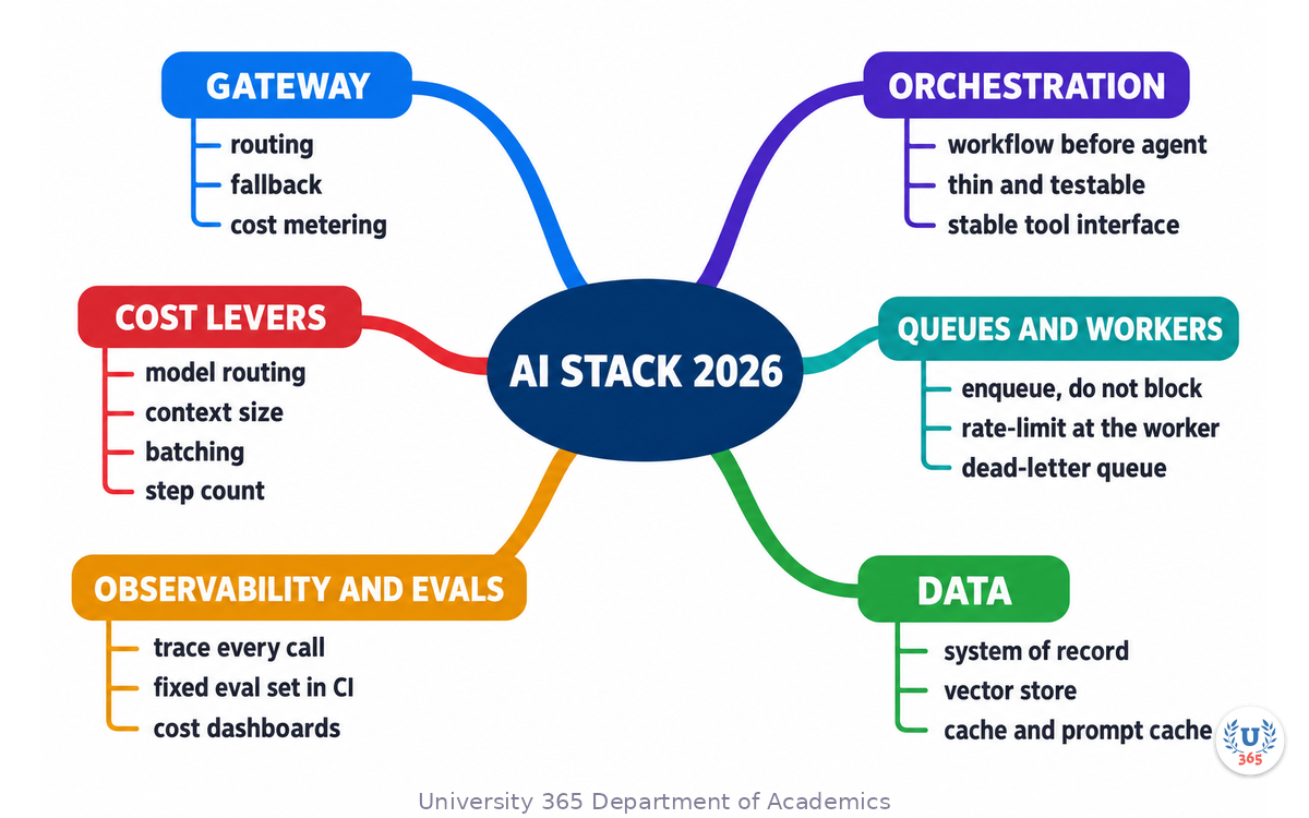 Complete mindmap of the 2026 AI application stack: six layers, the decision each forces, the failure symptom when it is skipped, and the four cost levers