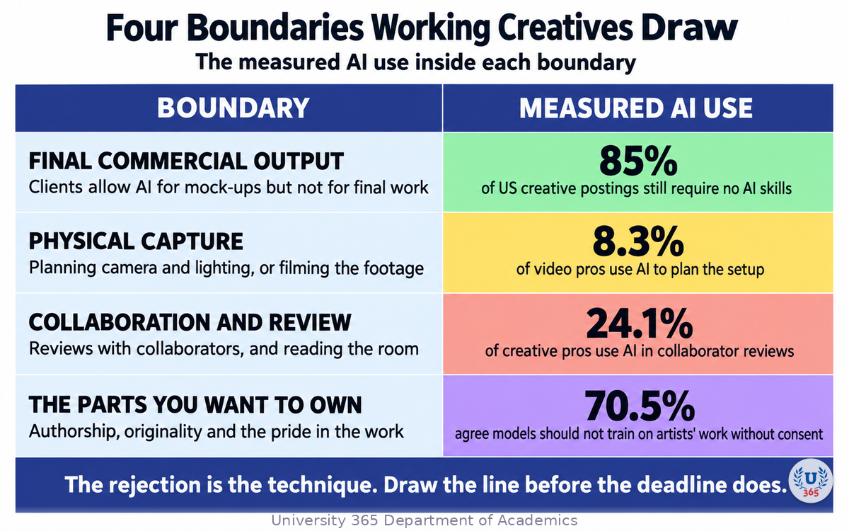 The four boundaries working creatives draw, with the measured AI adoption rate beside each one
