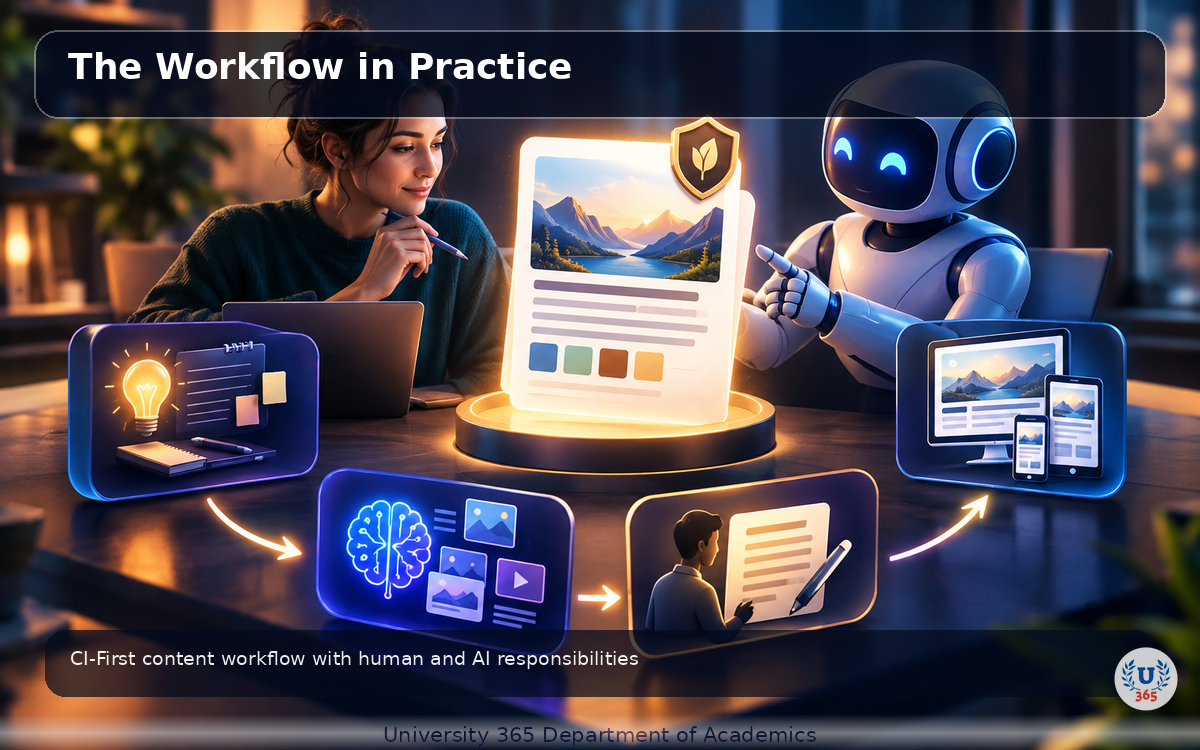 CI-First content workflow with human and AI responsibilities