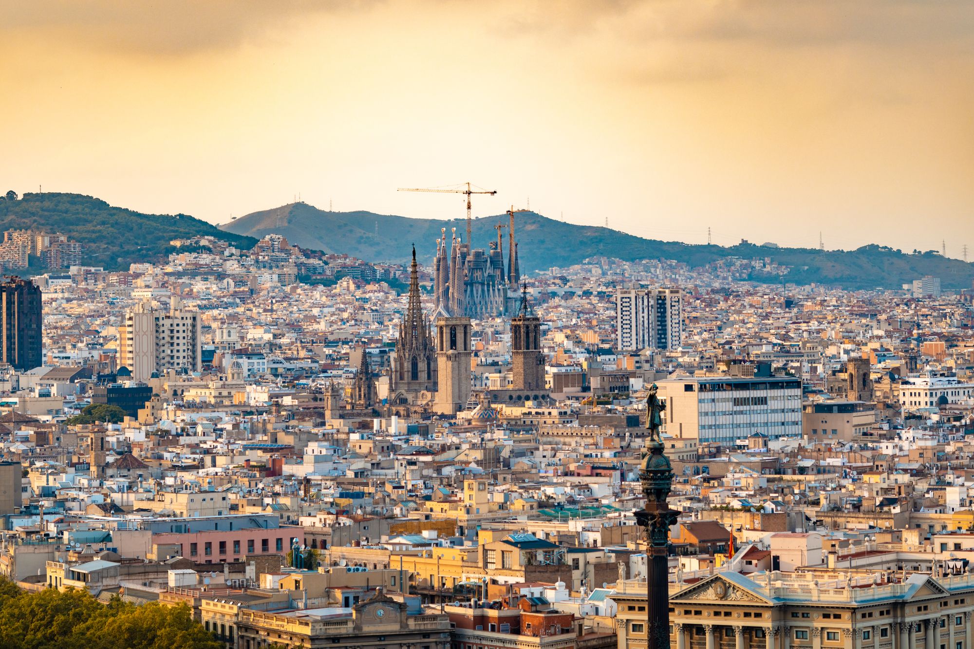 The Barcelona skyline at golden hour with the Sagrada Familia and the city grid.