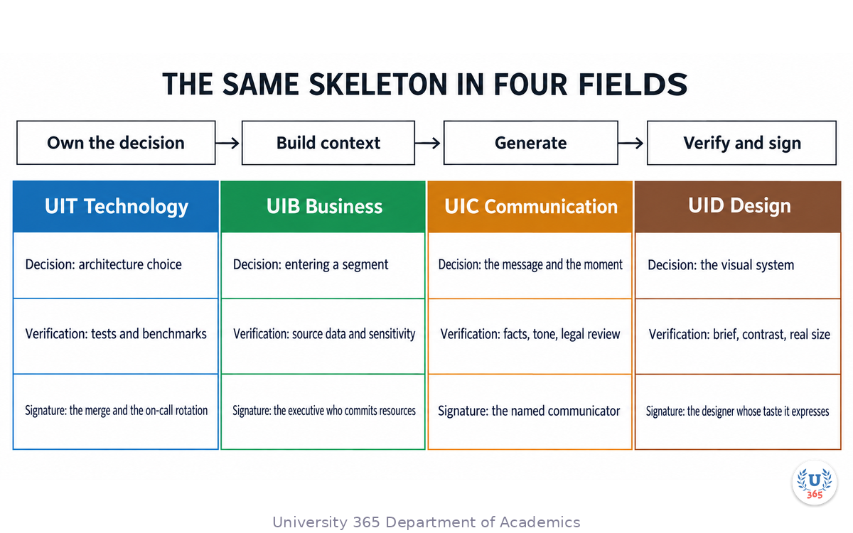 The same six-stage workflow mapped across UIT, UIB, UIC and UID, with each field's vocabulary in its own column