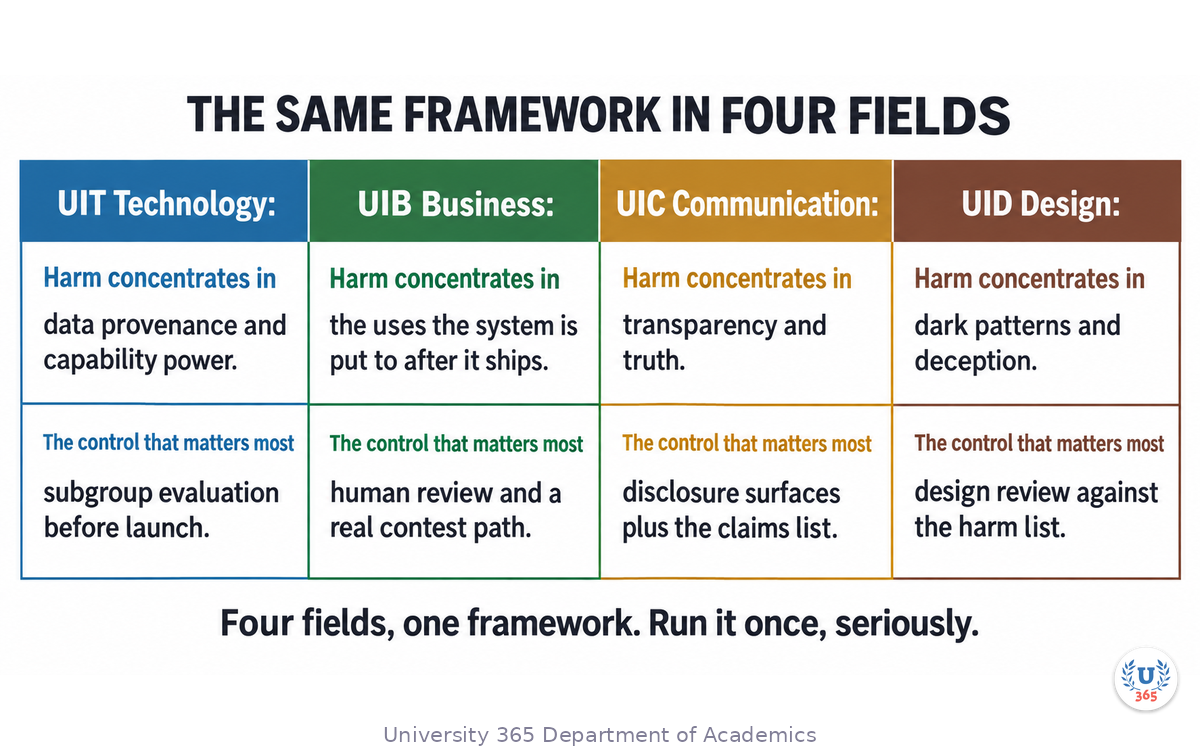 Where harm concentrates and which control matters most in each of UIT, UIB, UIC and UID, under the same six-step framework