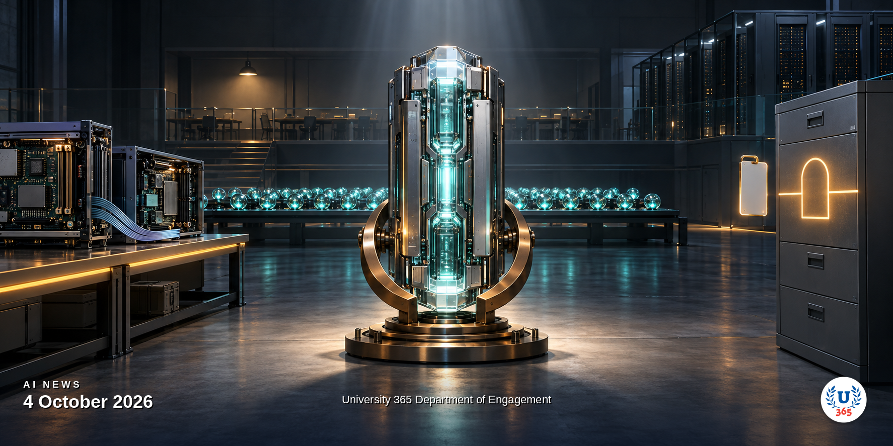Editorial illustration of a glowing frontier model core in a dark studio with an open hardware bench, a gated file cabinet, and a training hall, representing a frontier model release, agent security gates and AI workforce training