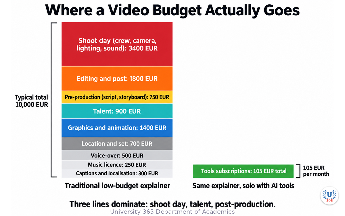 Where a video budget actually goes, line by line, traditional versus solo with AI tools