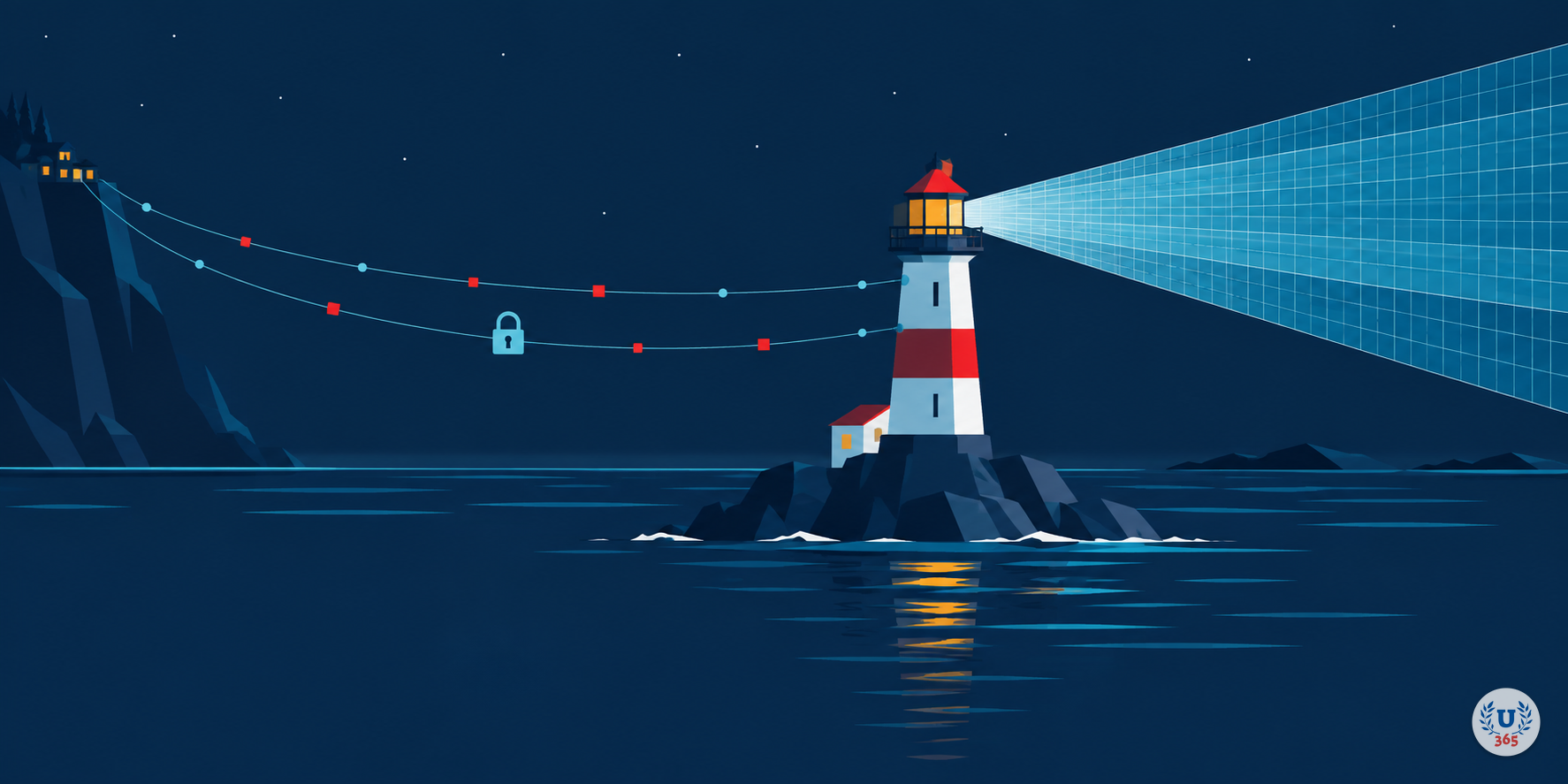 Illustration: a lighthouse shining across water, held by cables to a distant headland.