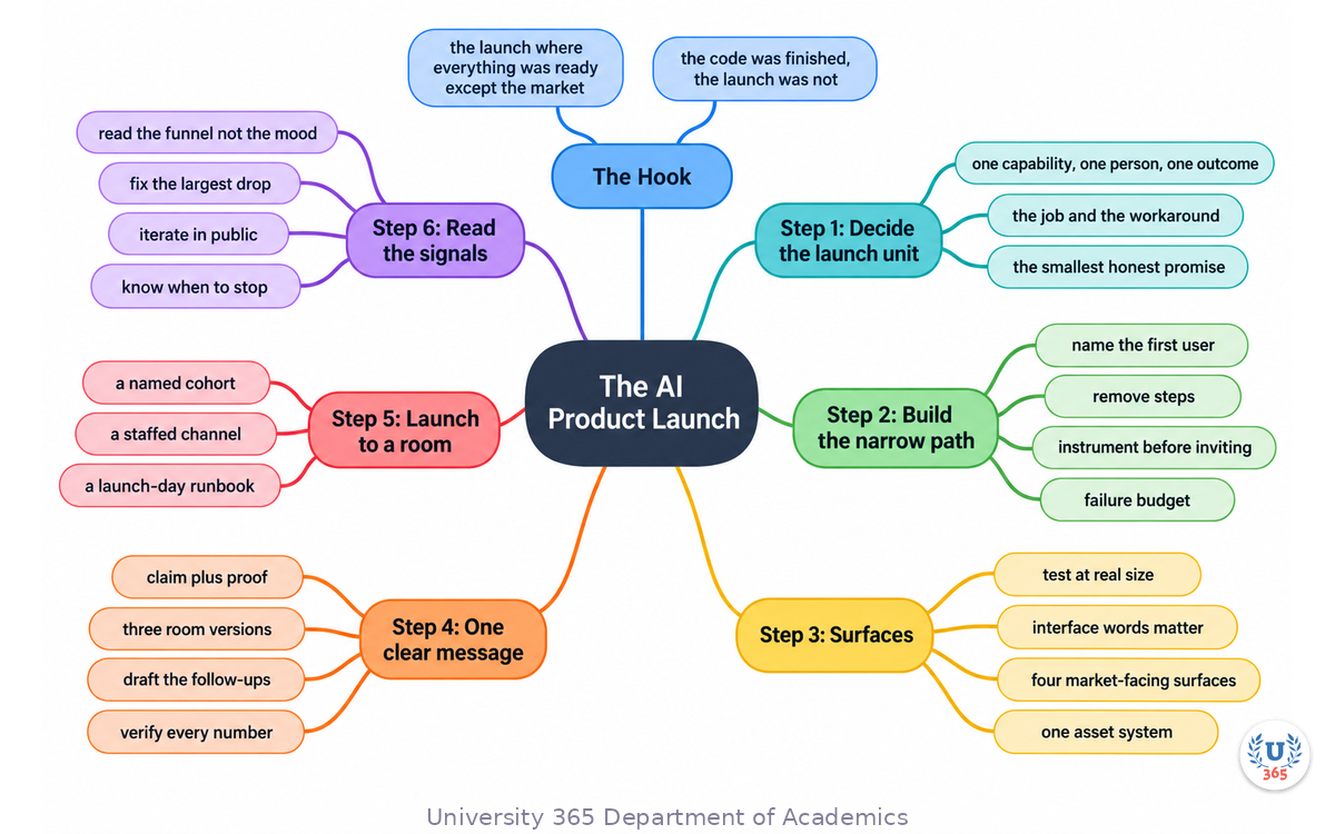 The complete AI product launch from launch unit through core path, surfaces, message, cohort and ninety-day iteration