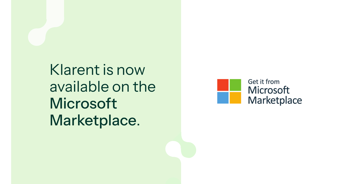 Klarent on the Microsoft Marketplace, the vendor's own announcement card for the listing referenced throughout this review