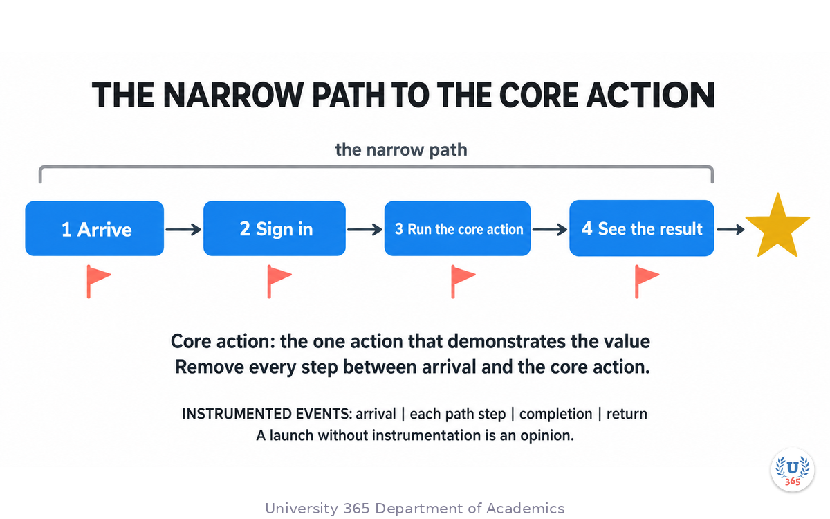 The narrow path from arrival to the core action, with the four instrumented events marked along it