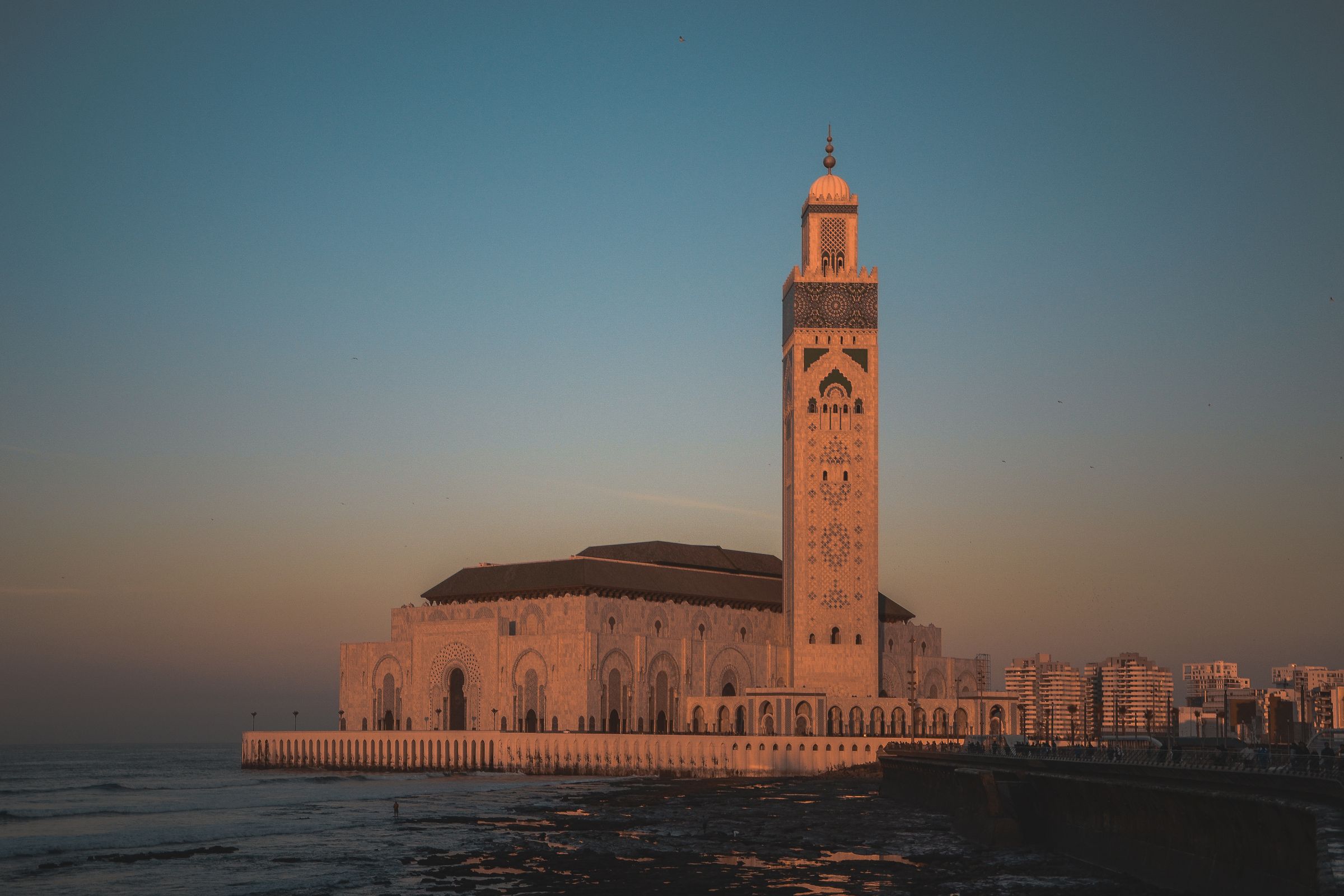 The Hassan II Mosque, Casablanca, at sunset.