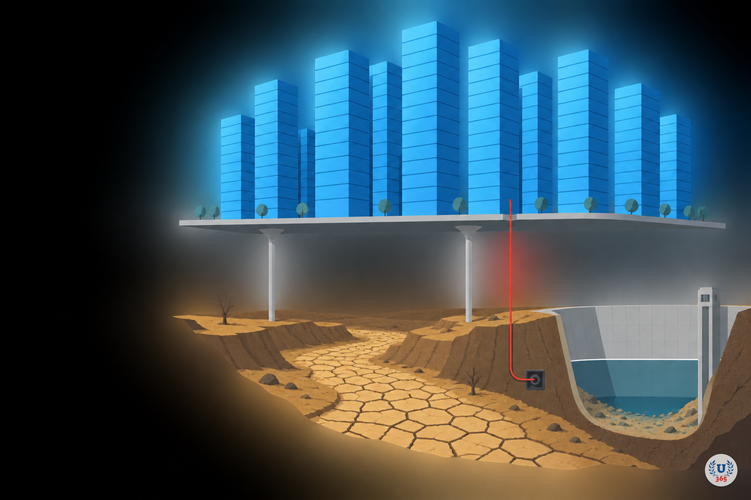 Illustration: towers on a platform held above a cracked riverbed and an empty reservoir.