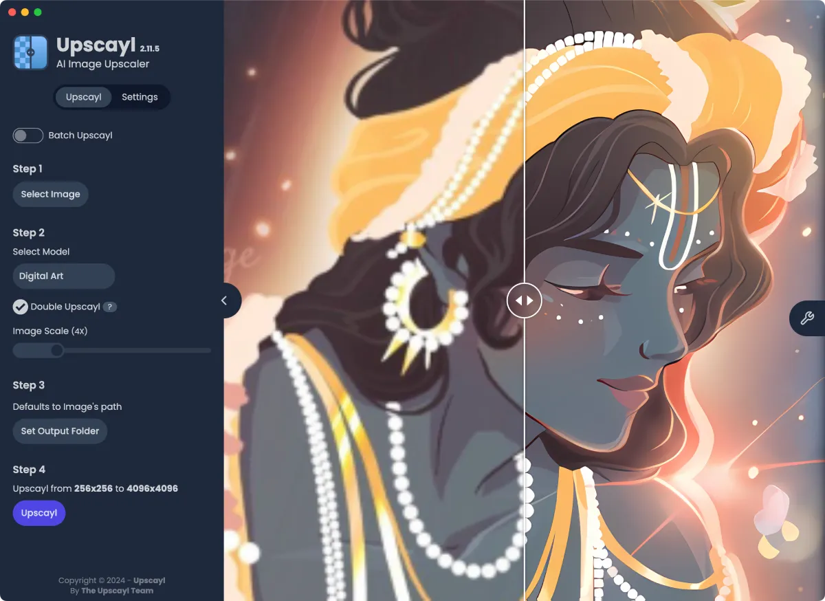 The Upscayl desktop application interface as published by the project, showing the model selector, the image scale control, the output folder, the format selector and the double upscale toggle