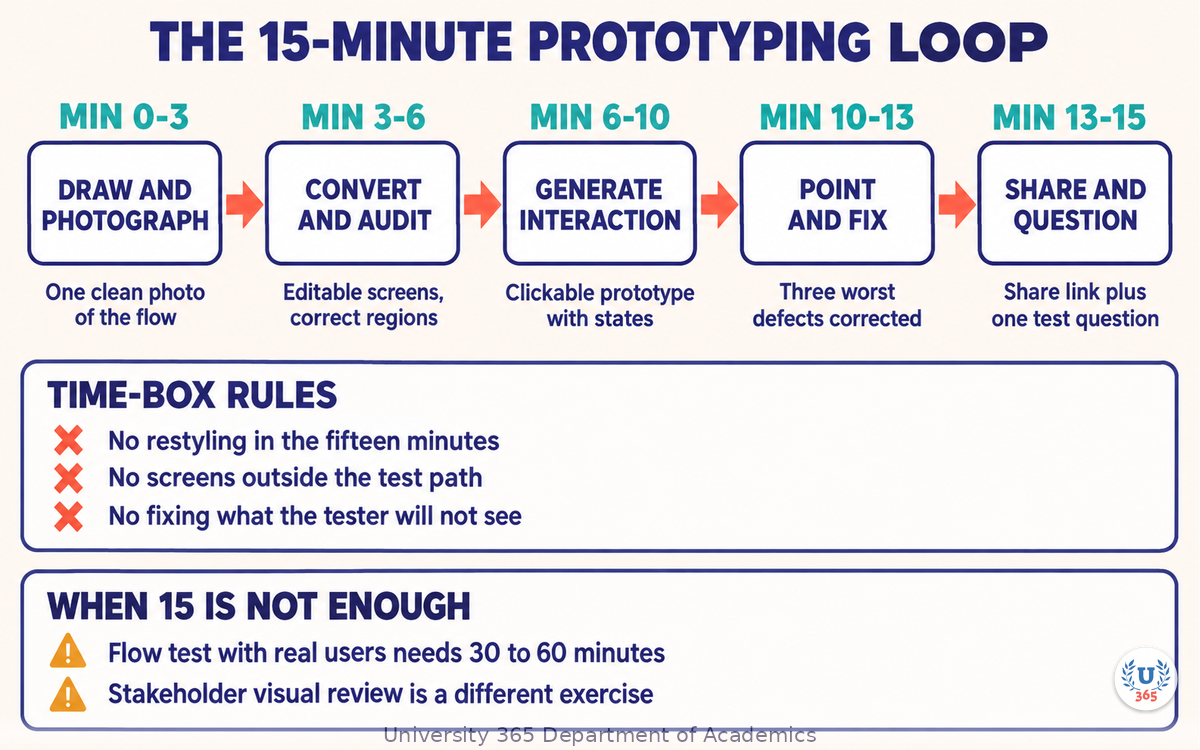 Fifteen-minute prototyping loop with time budgets and outputs per stage