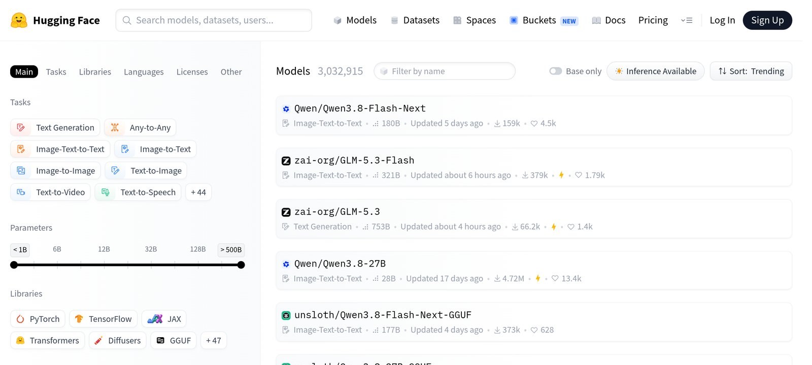 Screenshot of the Hugging Face models page (August 2026), showing the discovery interface with millions of public models filterable by task, license, and size. Illustrates Section 4, How Hugging Face Works.