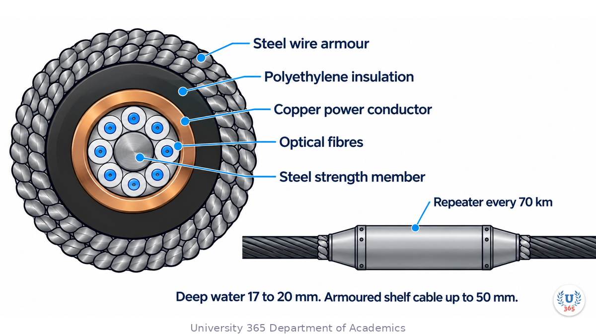 A labelled cross-section of a submarine cable showing the optical fibres, steel strength members, copper power conductor, polyethylene insulation and steel wire armour, with a repeater housing and the note that repeaters sit every 70 kilometres.