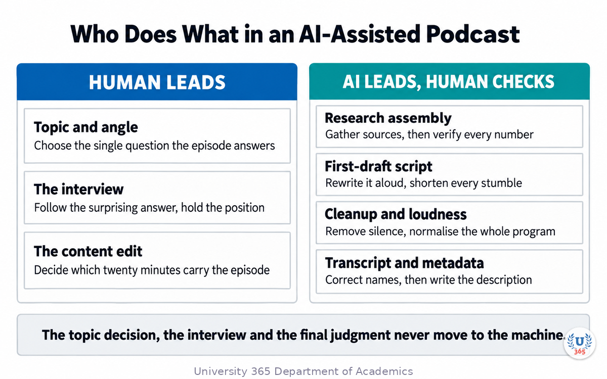 Division of labour between human and AI across the podcast pipeline
