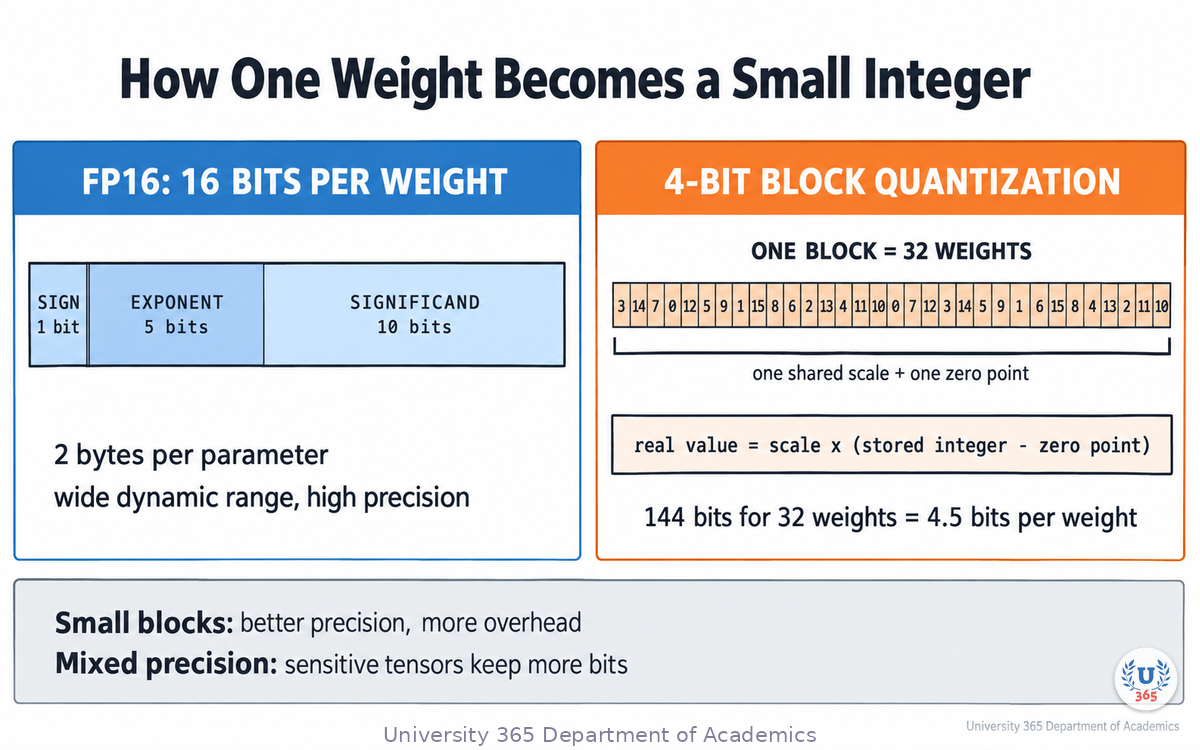 How one FP16 weight becomes a small integer, showing the bit fields and the block scale and zero point reconstruction formula