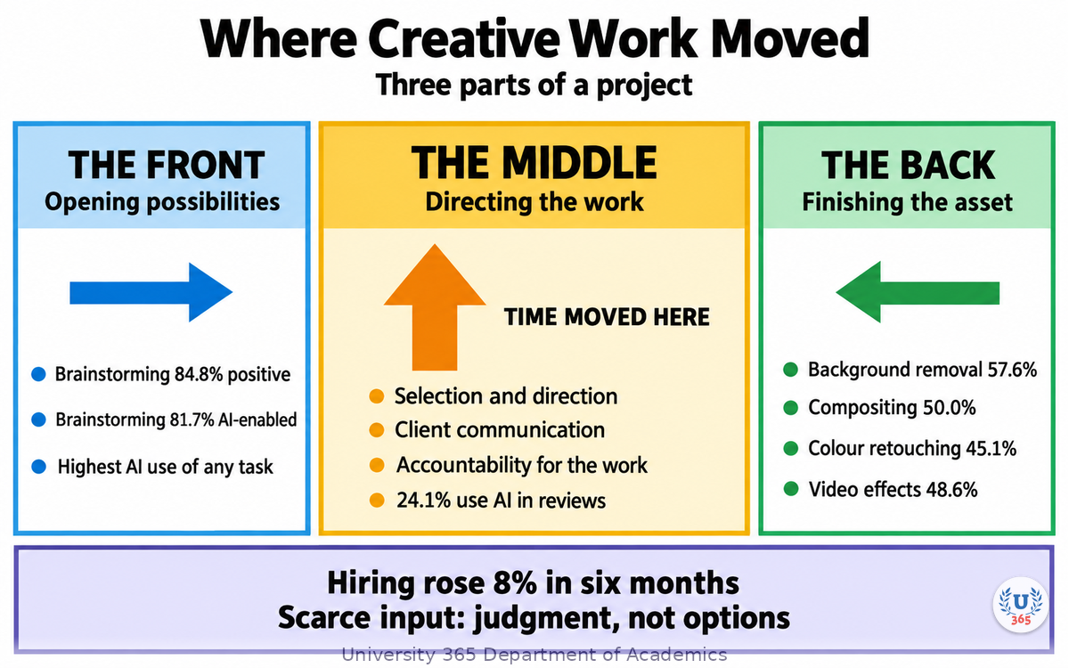 The three parts of a creative project, the measured AI adoption in each, and where the work moved