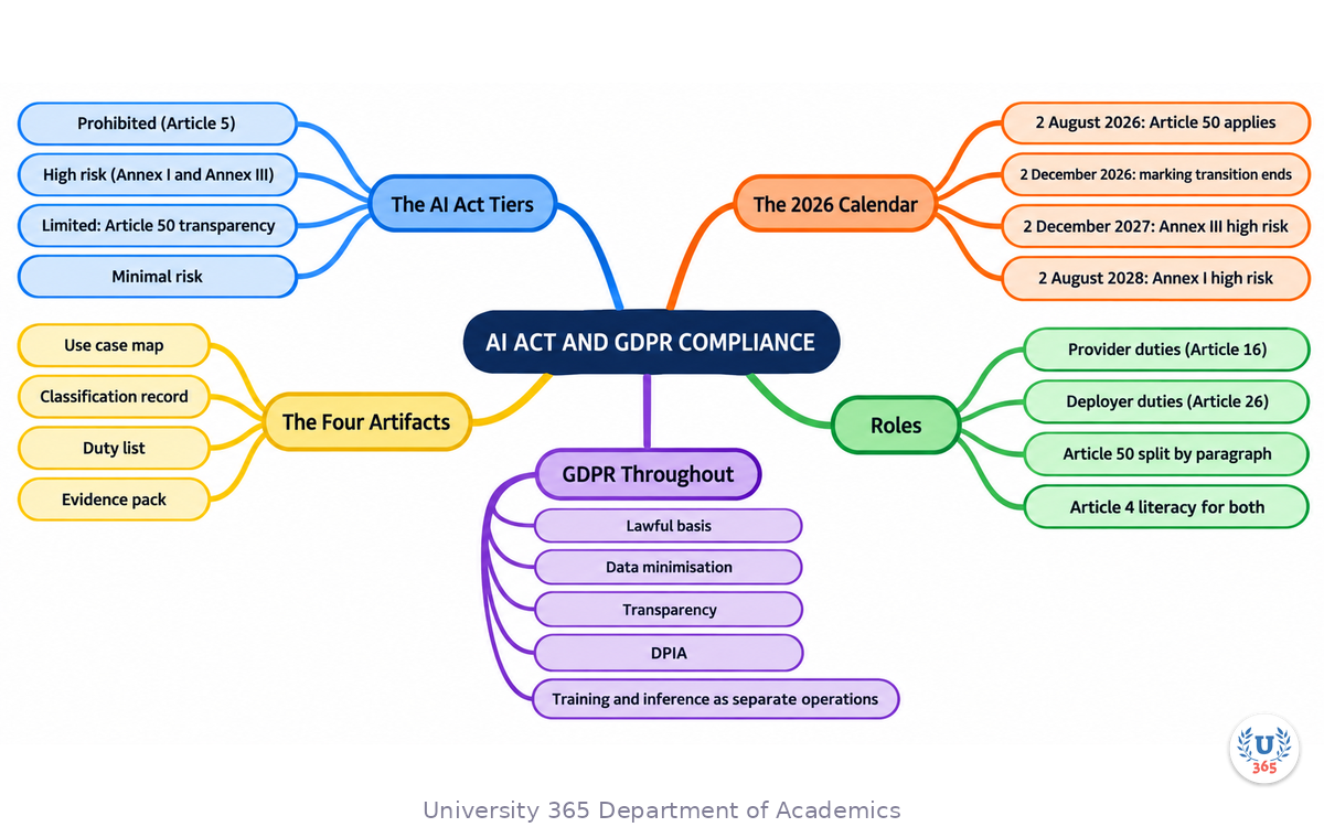 The complete compliance framework: the AI Act risk tiers and the 2026 calendar on one branch, the GDPR lifecycle duties on another, the four artifacts and the CI-First governance model at the centre