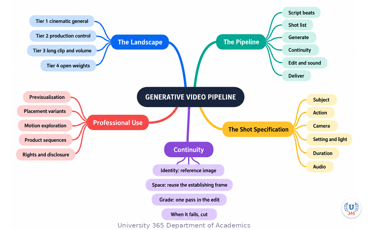 Complete mindmap of the 2026 generative video landscape, the production pipeline, continuity techniques, motion prompting, the four professional use cases and the rights and disclosure duties