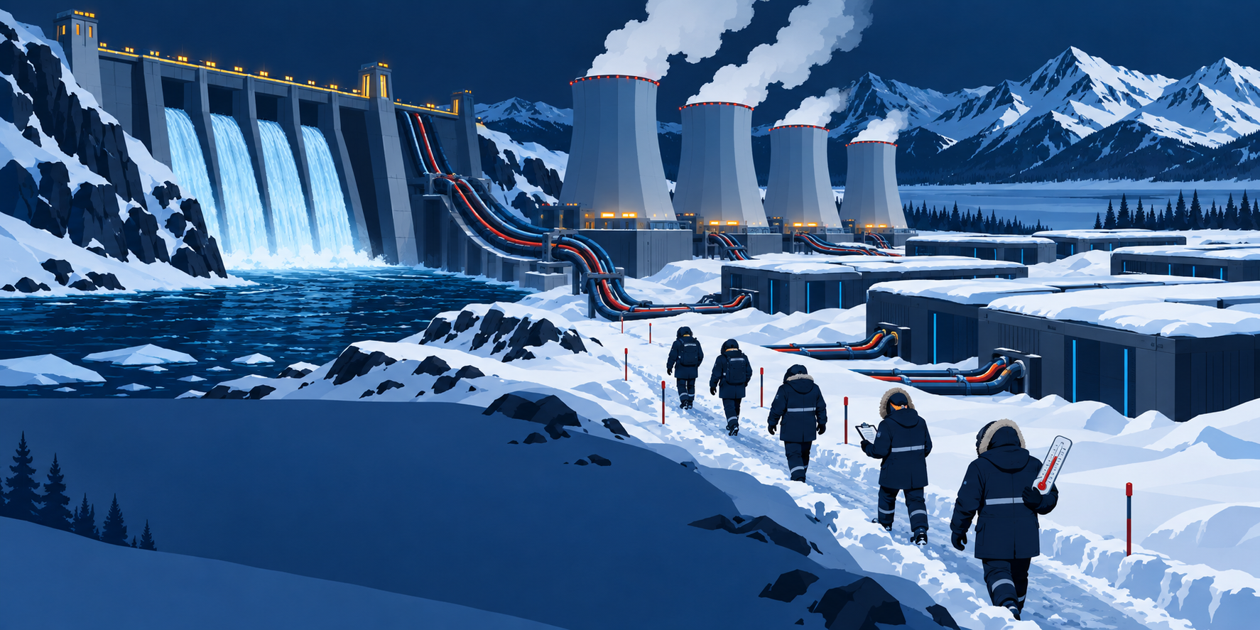 Illustration: a hydroelectric dam and cooling towers feeding snow-buried data halls, with inspectors walking a cleared path.