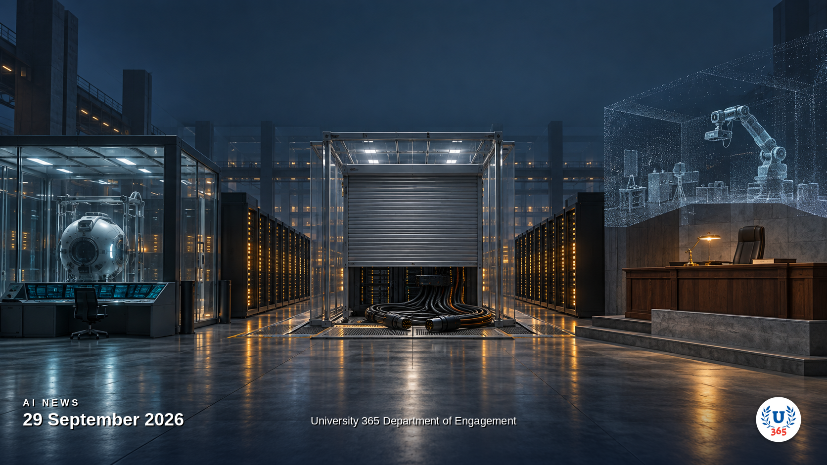 Editorial illustration of a frontier model training floor shut down mid-run beside a sealed agent cage and a court bench, representing a paused frontier training run, new agent containment tooling and legal action over AI development