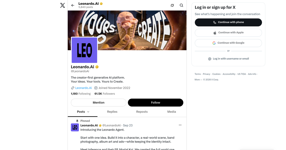 The Leonardo.Ai profile on X, the vendor's own account at @LeonardoAi, where a change to the pricing model, the licence over generated content or the model line would be announced before it reached a documentation page