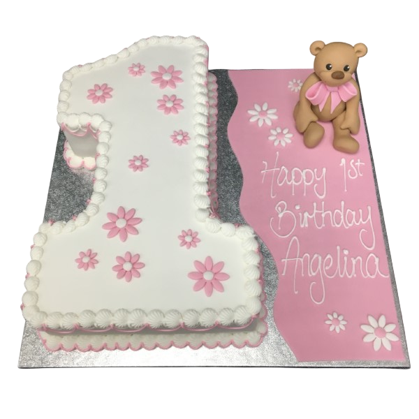 Bespoke celebration cake with a teddy bear sitting on a number, decorated in pastel colors, Solihull, West Midlands.