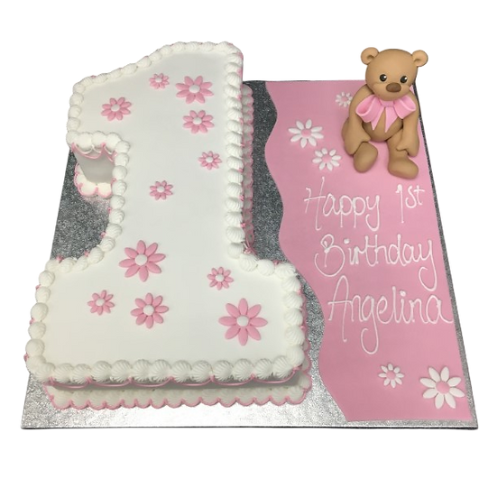 Bespoke celebration cake featuring a teddy bear sitting on a large number, crafted in Solihull, West Midlands.