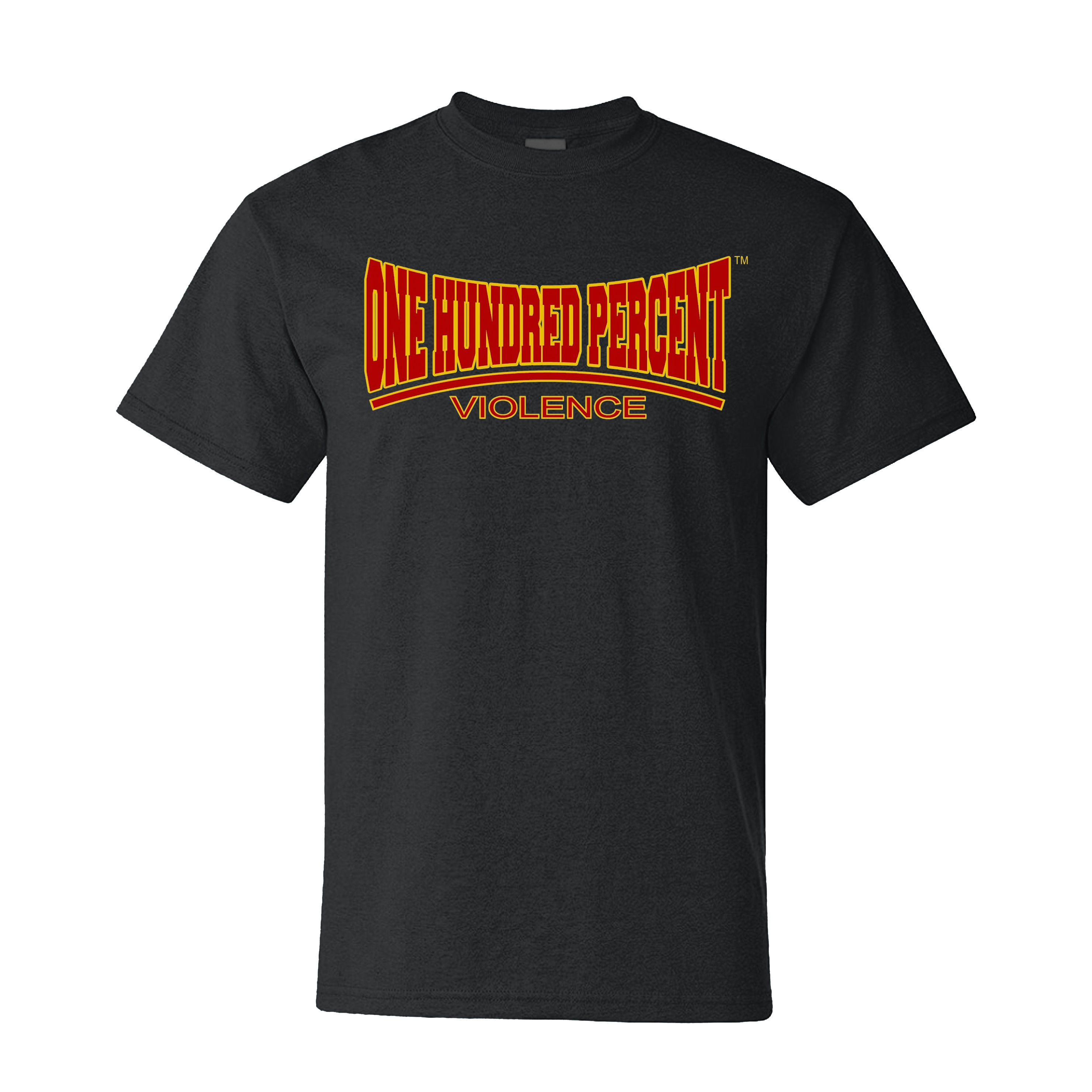Black t-shirt, "ONE HUNDRED PERCENT VIOLENCE" logo