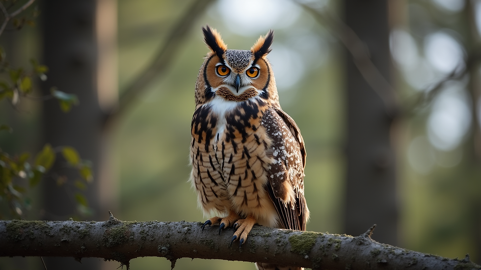 Eye-level view of a great horned owl perched on a tree branch