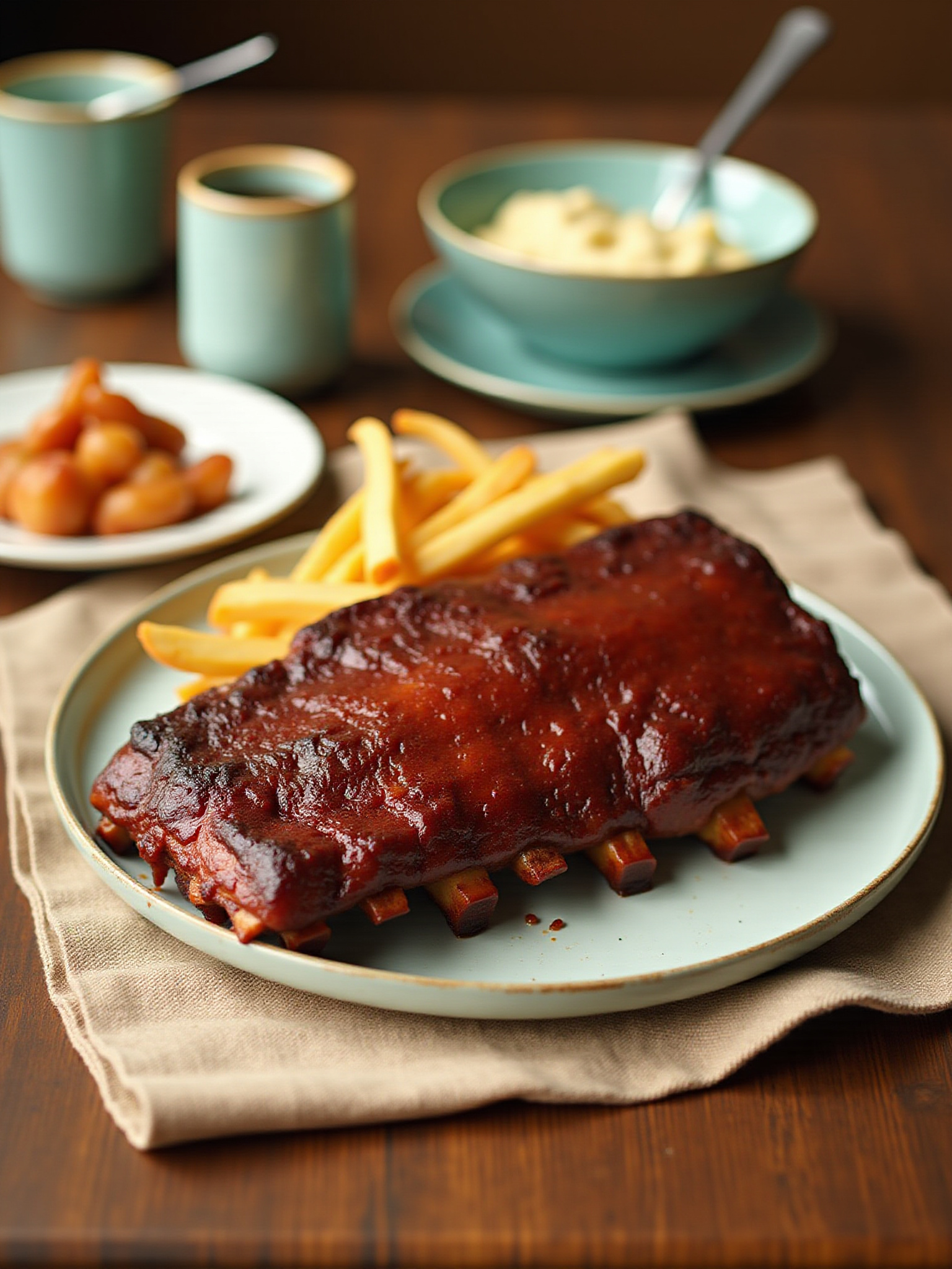 BBQ ribs with fries and sides
