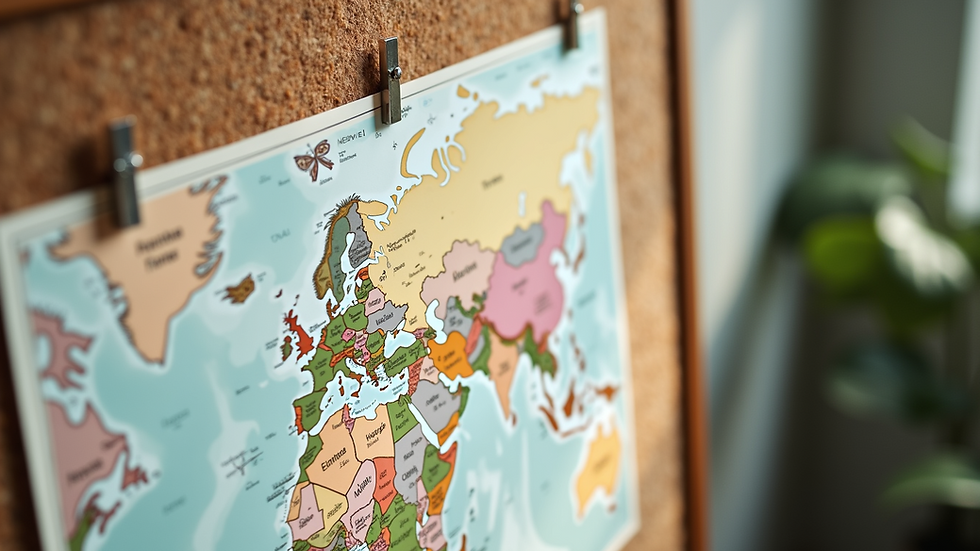 High angle view of a travel plan pinned on a cork board