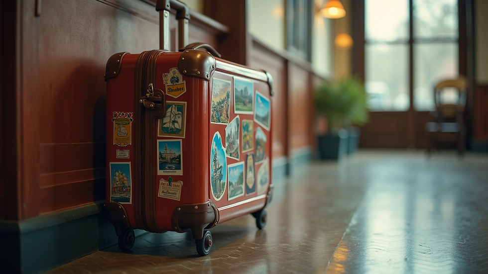 Eye-level view of a luggage suitcase with travel stickers