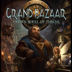 The cover of Earthdawn's Grand Bazaar source book. A dwarven merchant in resplendent robes stands surrounded by a magnificent collection of wares to sell and his windling partner in trade.