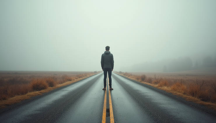 Eye-level view of a person standing at a crossroads with two diverging paths
