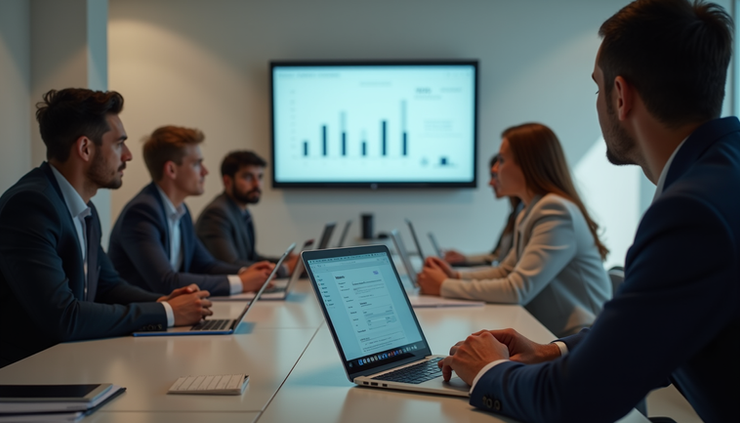Eye-level view of a conference room table with a small group of people focused on a laptop screen