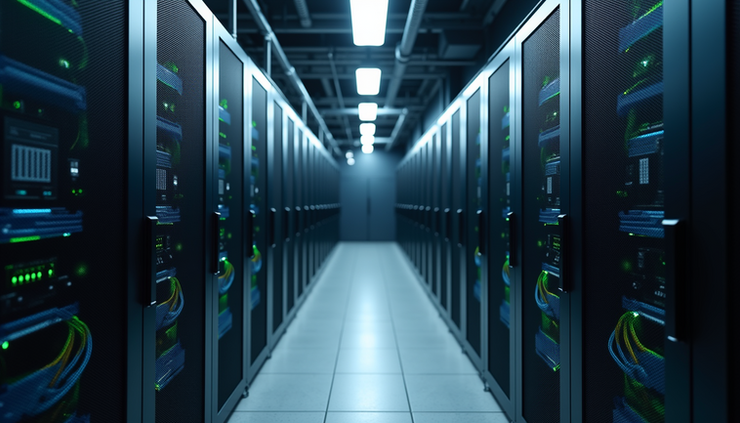 Eye-level view of a server room with network cables and hardware racks