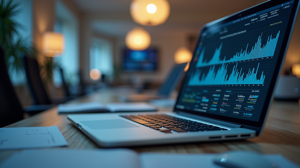Eye-level view of a modern workspace with a laptop and digital charts on screen