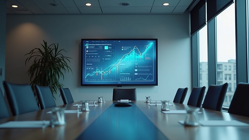 Eye-level view of a modern office meeting room with a digital screen showing charts