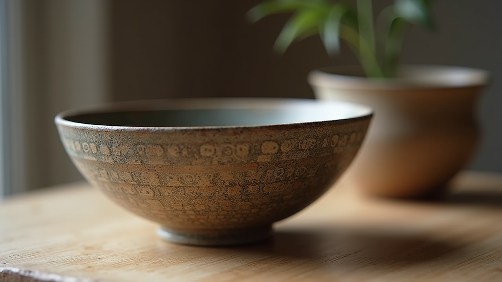 Eye-level view of a handcrafted ceramic bowl with intricate patterns