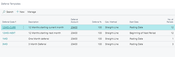 The Deferral Codes setup page in Business Central