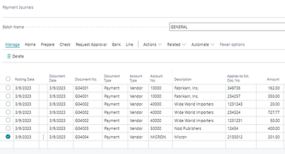 The Payment Journal page in Business Central