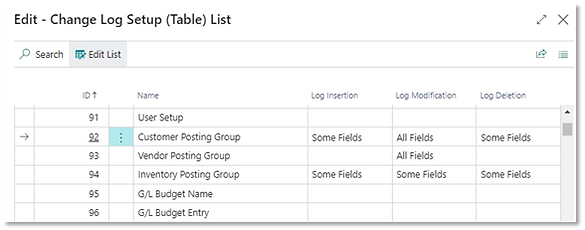 The Change Log Setup page in Business Central