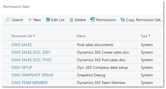 The Permission Sets list page in Business Central